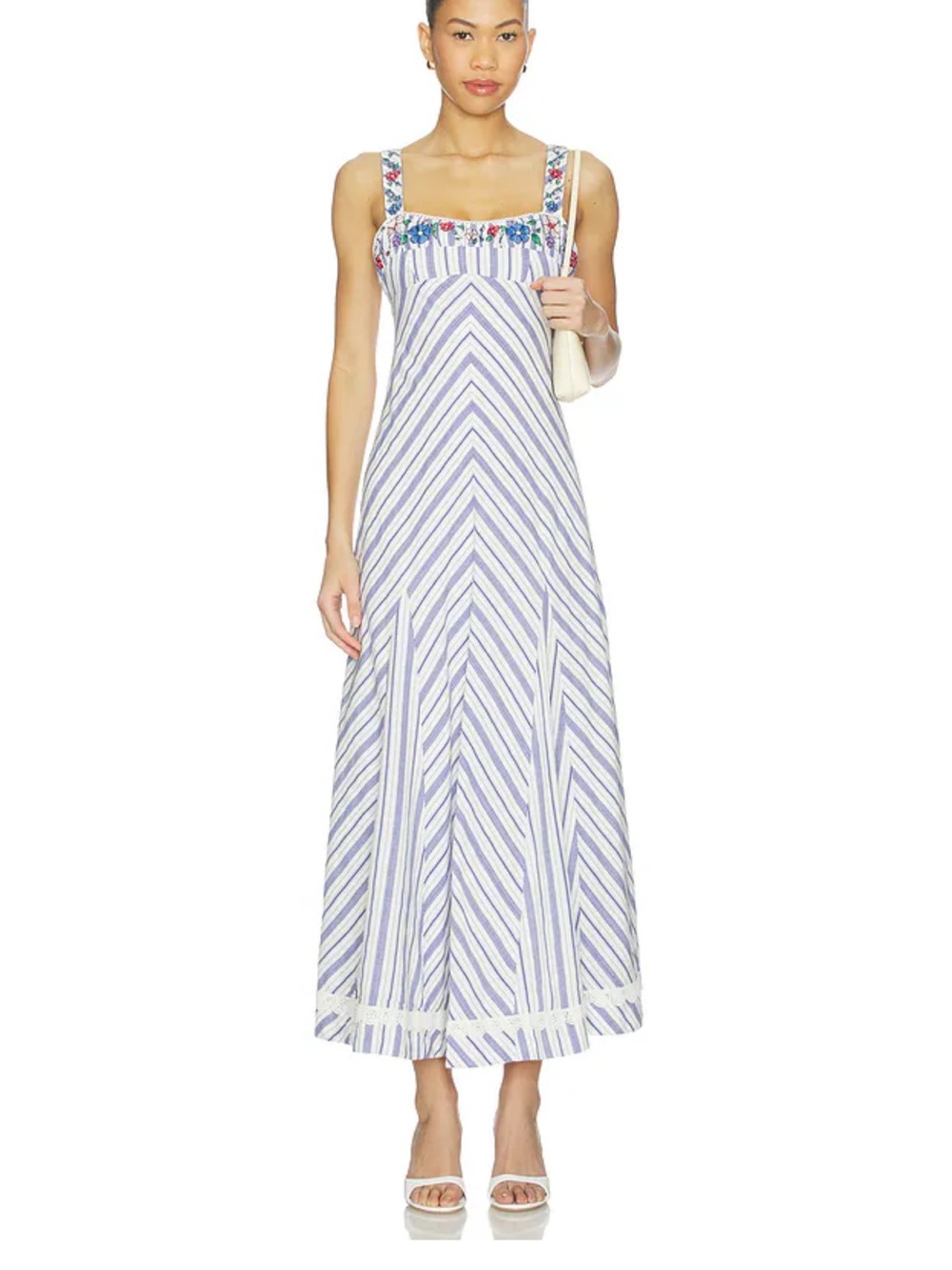 Free People White and Light Blue Striped Maxi Dress with Floral Trim